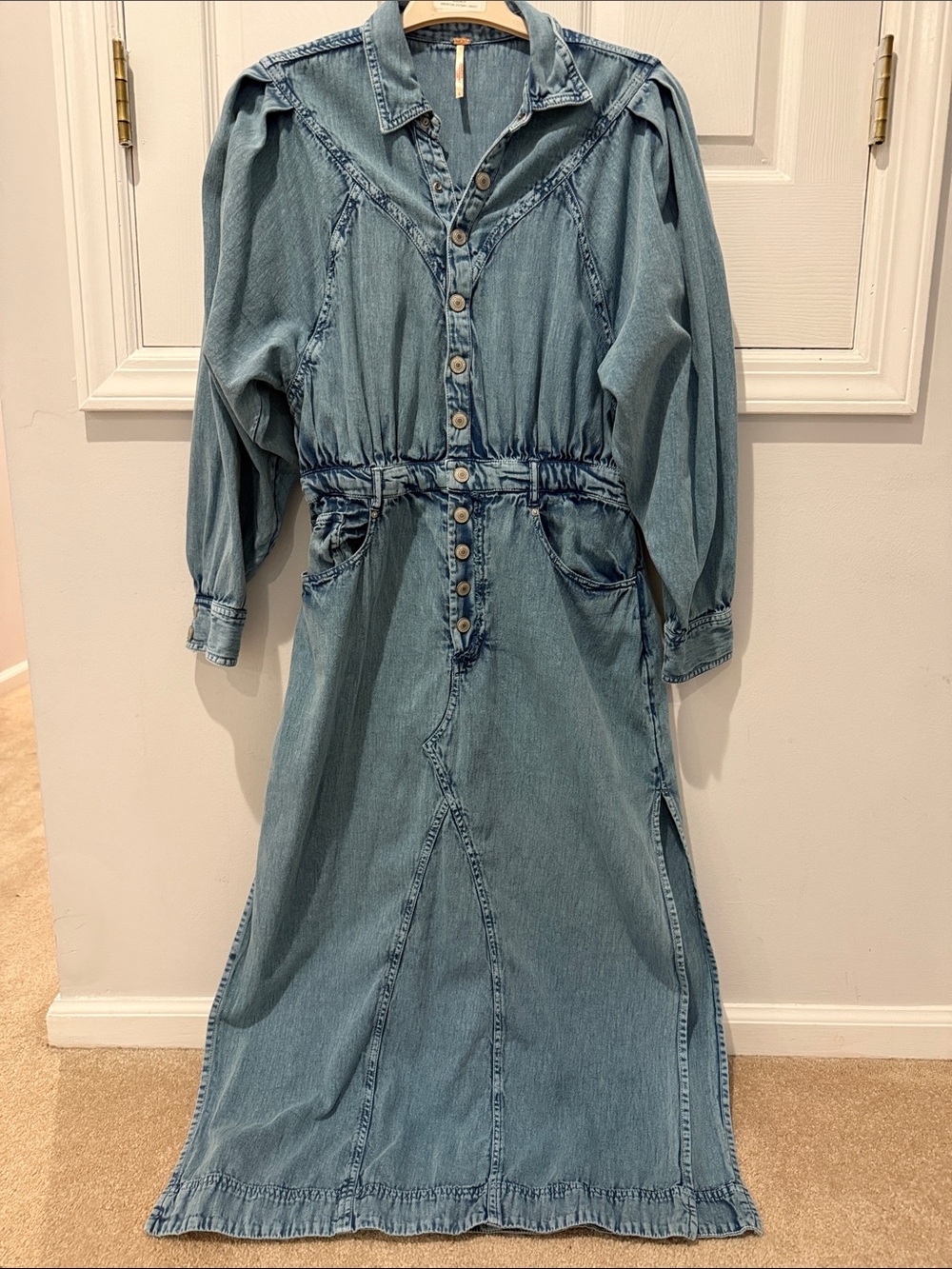Free People Light Blue Denim Maxi Dress with Button Front